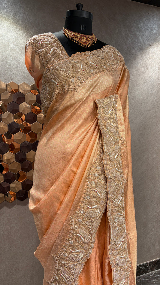 PEACH REGAL SCALLOPED BORDER KANJIVARAM SAREE