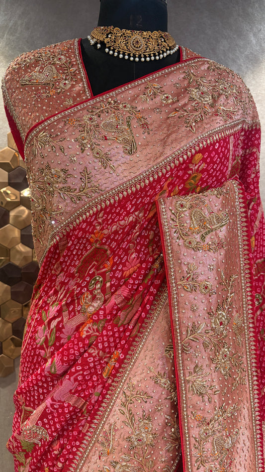 REGAL BLUSH & RED HAND EMBROIDERED SAREE