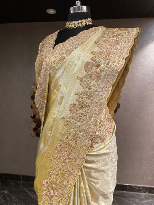LIGHT GOLD KANJIVARAM TISSUE  EMBROIDERED SAREE