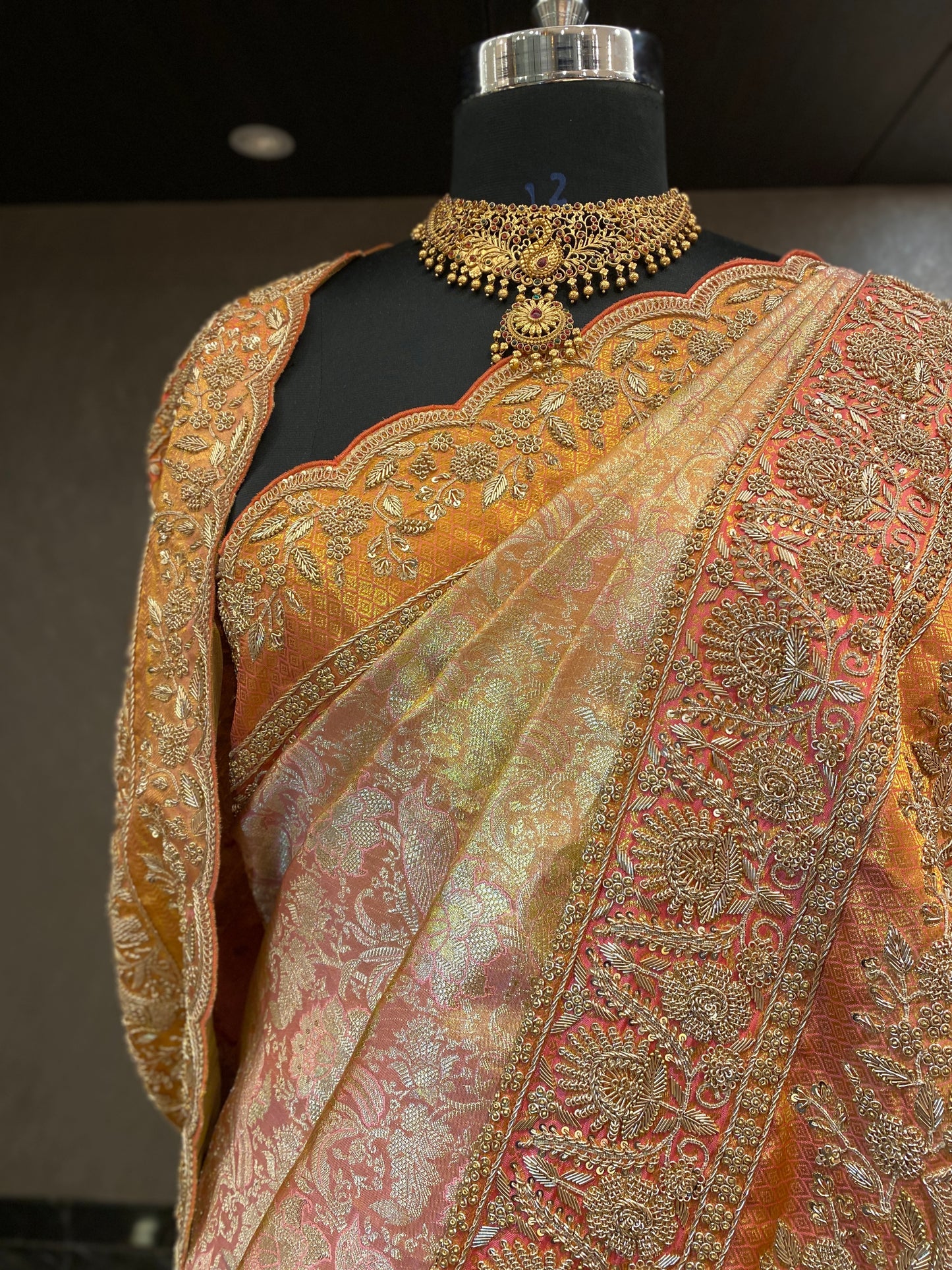 ELEGANT GOLD AND PEACH EMBROIDERED SILK SAREE