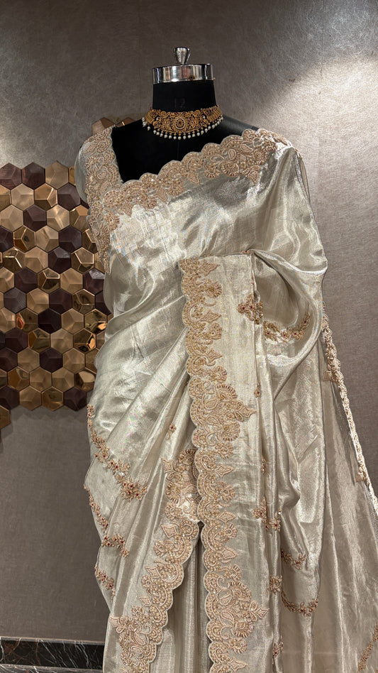 IVORY ROYALE HAND-EMBROIDERED TISSUE SILK SAREE