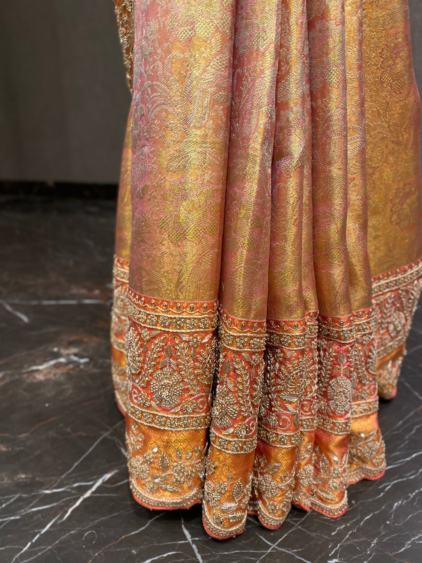 ELEGANT GOLD AND PEACH EMBROIDERED SILK SAREE