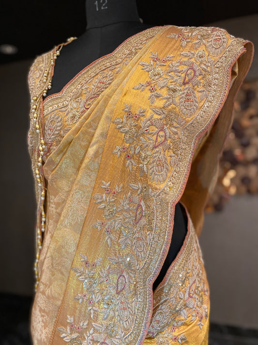 REGAL PEACH EMBROIDERED KANJIVARAM SAREE