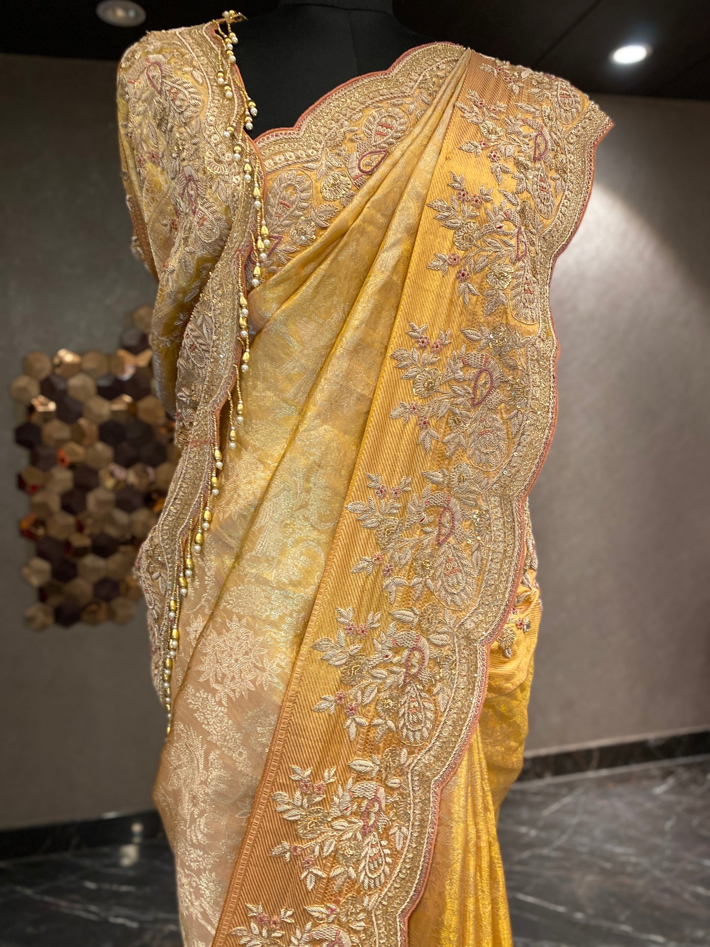 REGAL PEACH EMBROIDERED KANJIVARAM SAREE