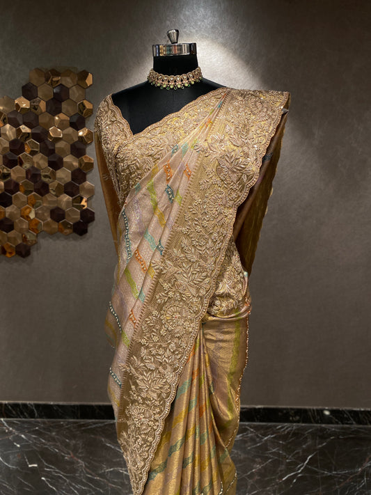PASTEL STRIPED EMBROIDERED KANJIVARAM SAREE