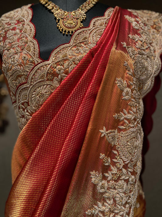RED EMBROIDERED KANJIVARAM SAREE
