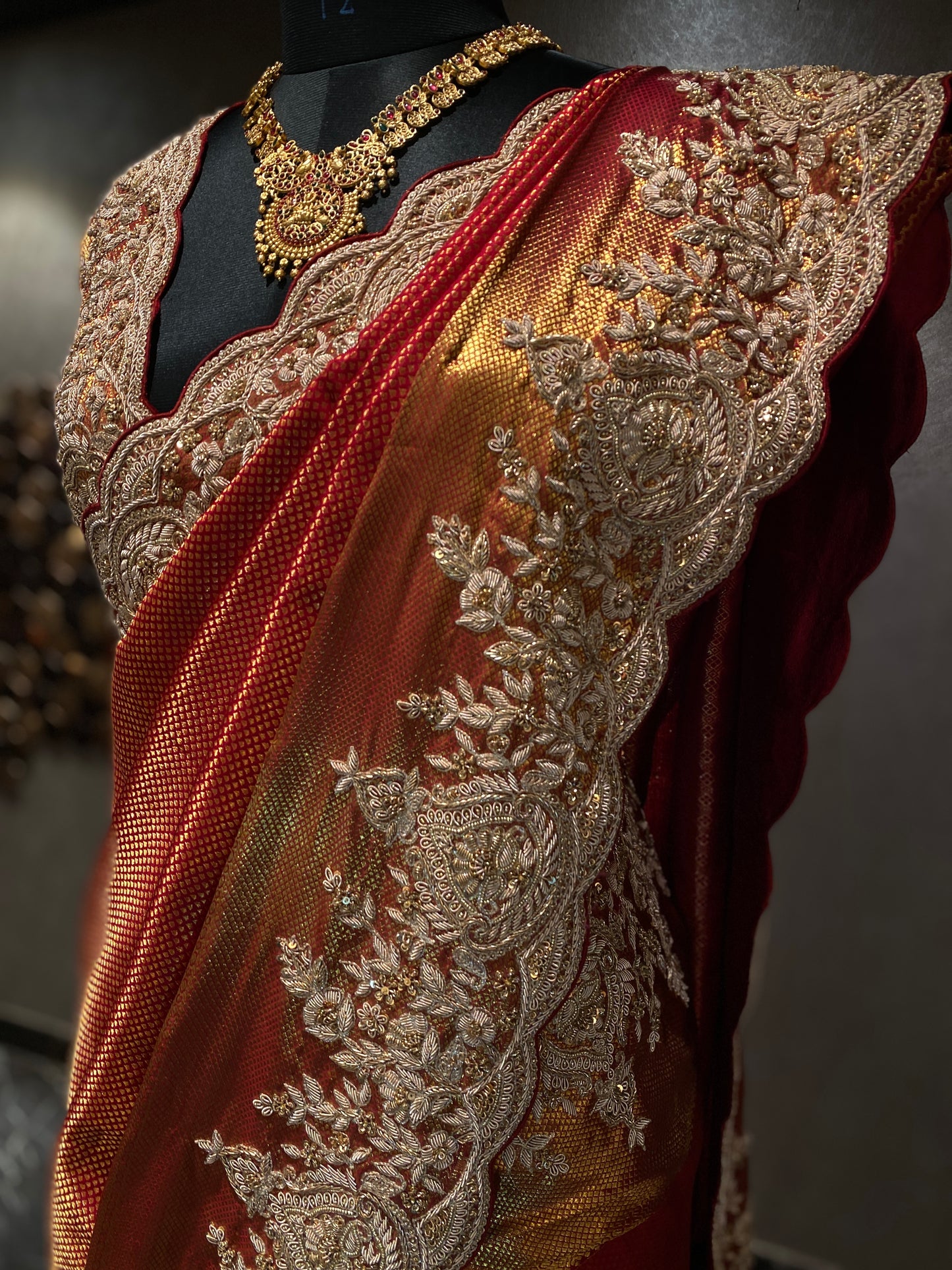 RED EMBROIDERED KANJIVARAM SAREE