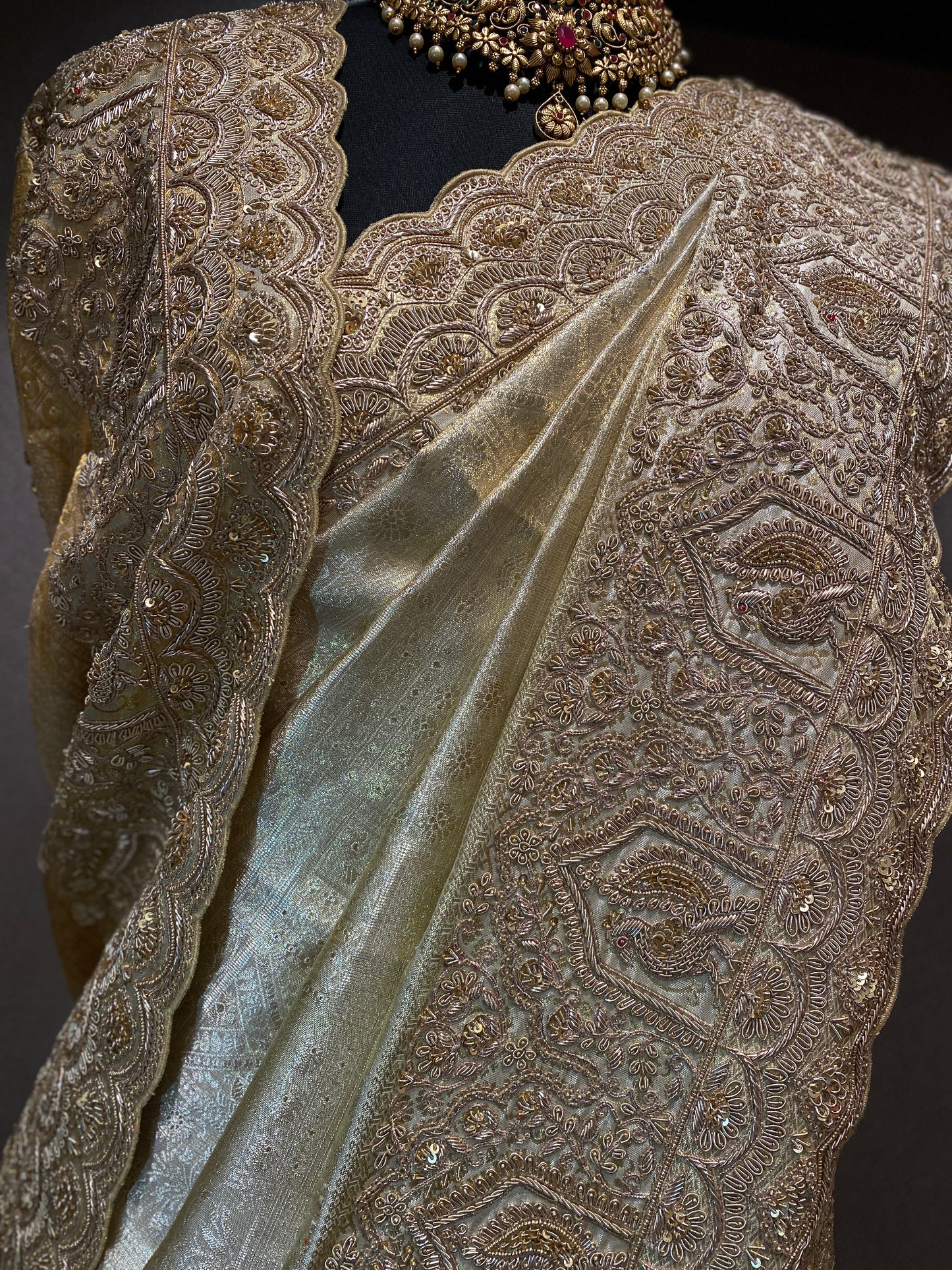 GOLD KANJIVARAM TISSUE SAREE WITH INTRICATE HAND EMBROIDERY