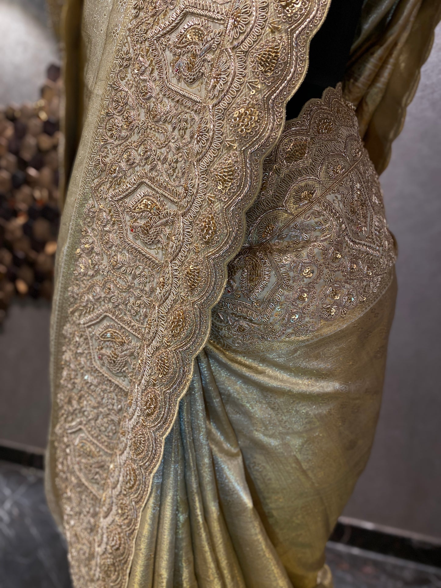 GOLD KANJIVARAM TISSUE SAREE WITH INTRICATE HAND EMBROIDERY