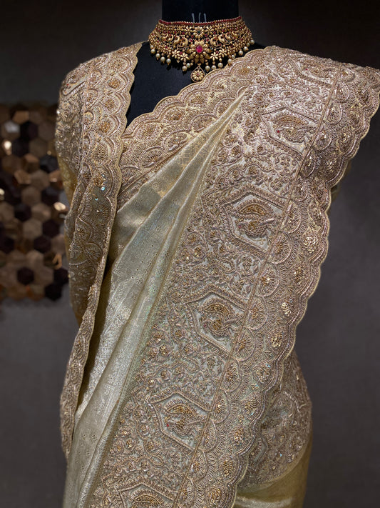 GOLD KANJIVARAM TISSUE SAREE WITH INTRICATE HAND EMBROIDERY