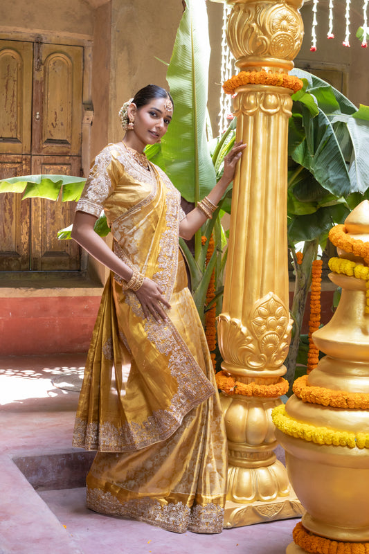 HANDEMBROIDERED PURE KANJIVARAM SAREE IN GOLD