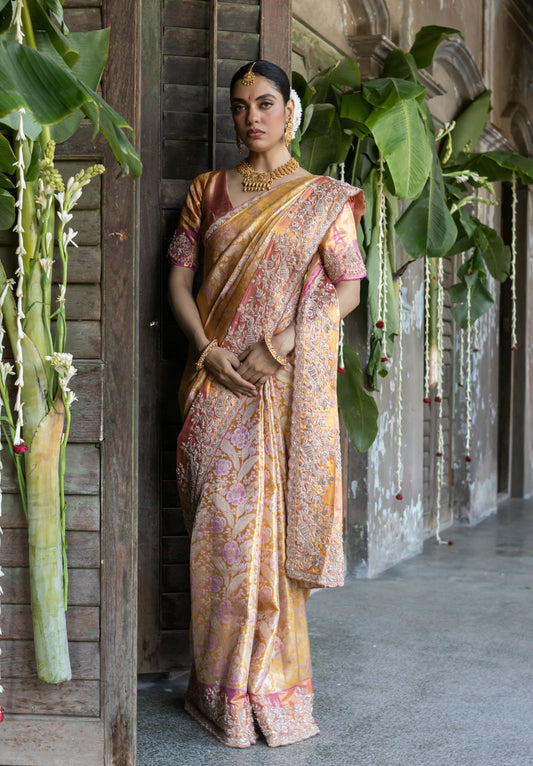 HERITAGE GOLD AND PINK EMBROIDERED PURE KANJIVARAM SAREE